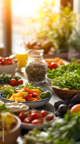 A colorful salad bowl surrounded by various fresh produce.