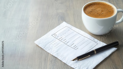 Monochrome sketch of a simple hand-drawn budget travel plan on a napkin, placed next to a coffee cup and pen, capturing a spontaneous travel planning moment. photo