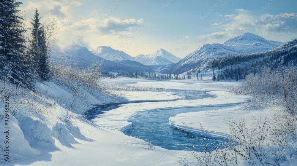 A frozen river winding through a snow-covered valley, with mountains in the distance. A frozen river winding through a snow-covered valley, with mountains in the distance.