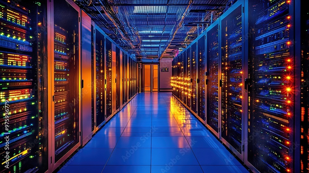 Illuminated server room with racks of data equipment Illuminated server room with racks of data equipment