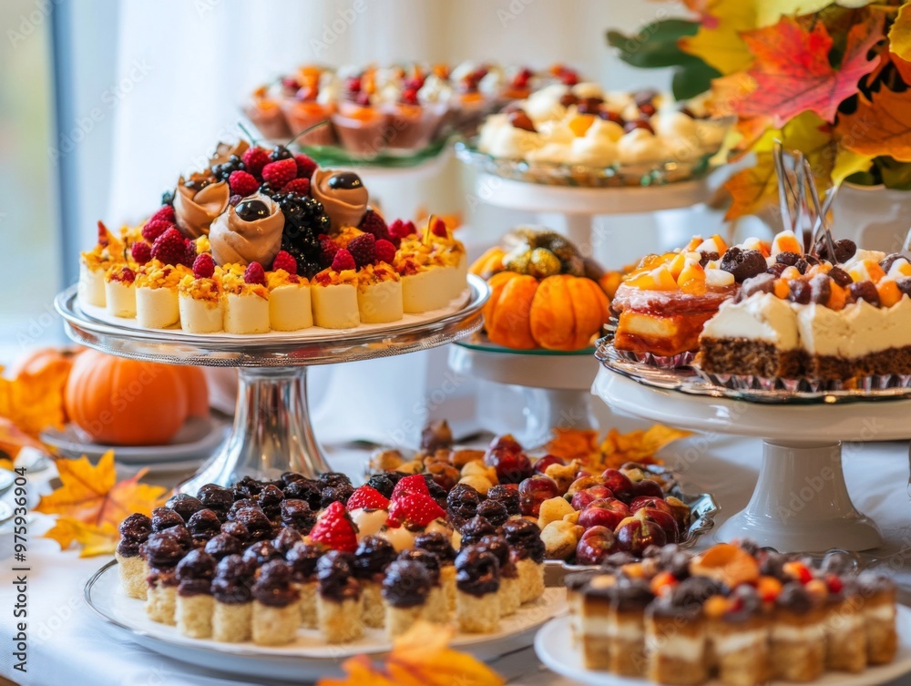A Table Spread with Assorted Desserts and Fall Decor