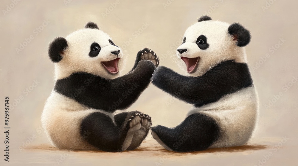 A pair of amusing young pandas engaging in play. Lovely, content panda bears A pair of amusing young pandas engaging in play. Lovely, content panda bears