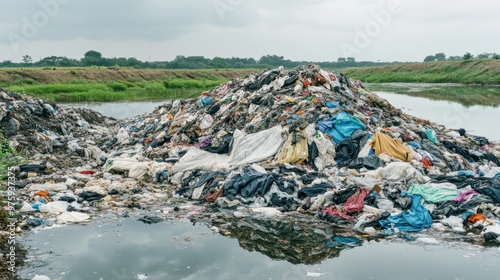 Piles of discarded clothing polluting rivers decaying fabrics in landfills under gray skies fast fashion waste devastating nature photo