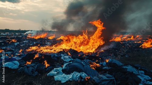 Acres of unsold clothes burning in open fields releasing toxic chemicals fast fashion destructive environmental legacy photo