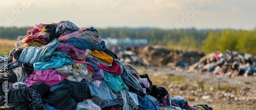 Piles of fabric waste decomposing in landfills polluting soil and air fast fashion destroying natural habitats photo