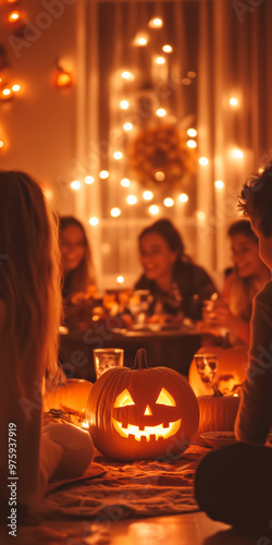 Hallowing dinner with candle-lit pumpkins of faces, food on the table and middle-aged people celebrating the midnight meal. IA