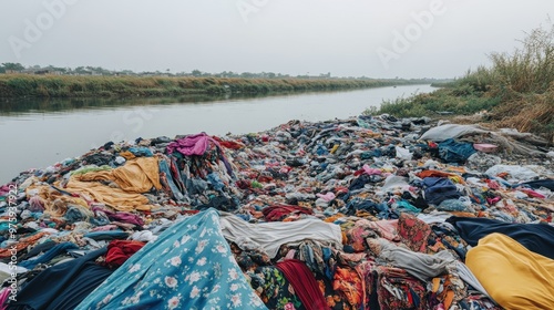Piles of discarded clothing polluting rivers decaying fabrics in landfills under gray skies fast fashion waste devastating nature