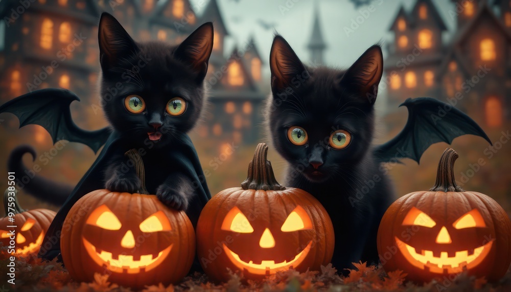 Halloween banner featuring a cute blak cats Halloween attributes, small pumpkins on orange and black background Halloween banner featuring a cute blak cats Halloween attributes, small pumpkins on orange and black background
