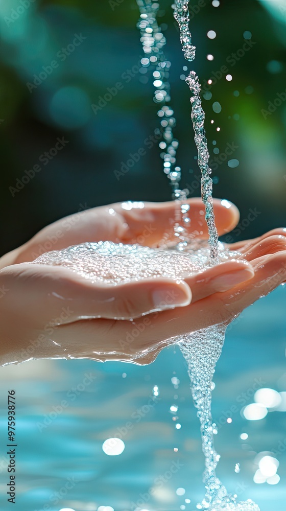 Fototapeta premium Hands Catching Sparkling Water Droplets in a Serene Setting During Daylight