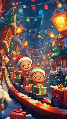 Santa's Elves Busy Preparing Colorful Gifts in a Festive Toy Workshop Setting for Holiday Celebrations