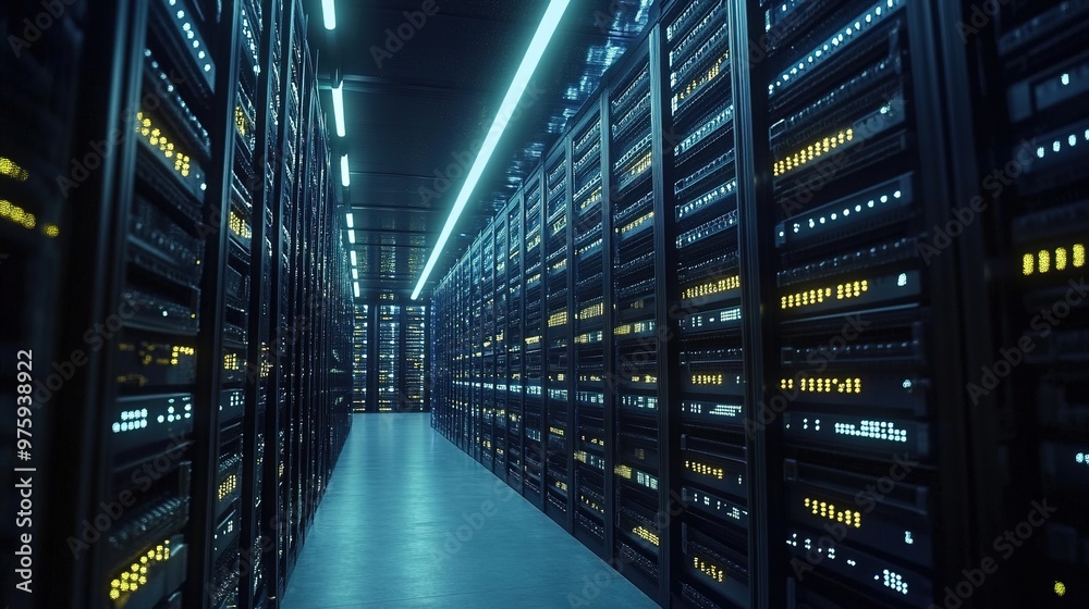 Modern data center with rows of server racks in blue light.