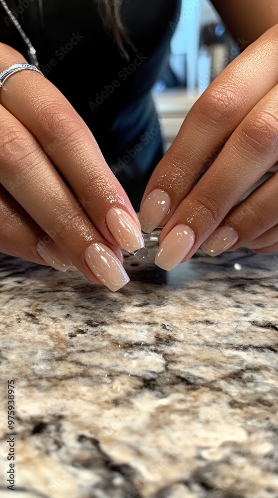 Obraz premium Elegant Hands With Manicured Nails Crafting Jewelry on a Textured Countertop in a Bright Setting