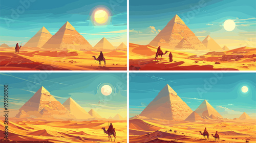 Dune explorers cartoon vector visuals. Nomads pair camel sand sun pyramid group egyptian wanderers sunlight desert landscape traders adventurer persons concelts