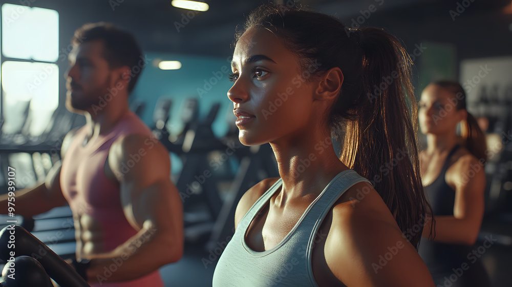 Young woman on treadmill in a dimly lit modern gym Young woman on treadmill in a dimly lit modern gym