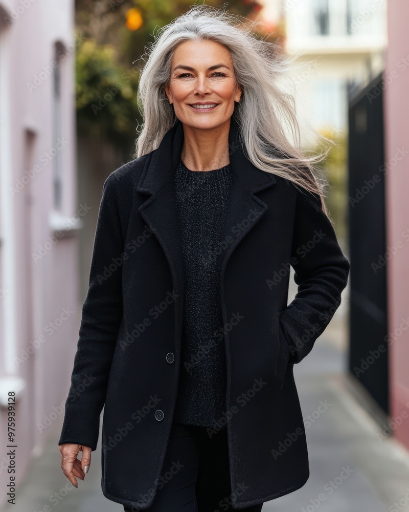 Middle-aged Woman Walking Confidently on a Quiet Street in Autumn Middle-aged Woman Walking Confidently on a Quiet Street in Autumn