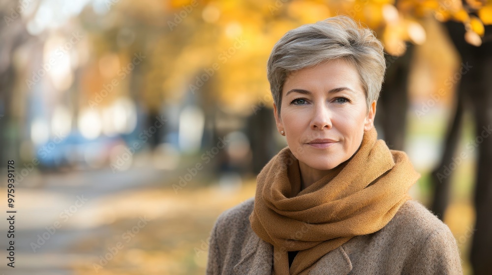 Woman With Short Hair Stands Confidently in a Park Surrounded by Fall Foliage on a Sunny Day Woman With Short Hair Stands Confidently in a Park Surrounded by Fall Foliage on a Sunny Day