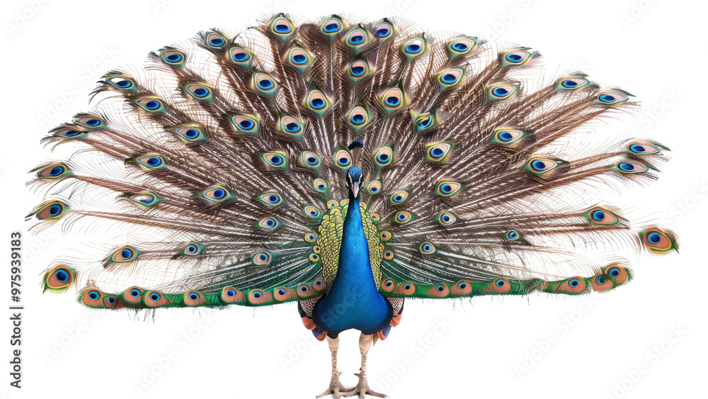Obraz premium A striking peacock with its tail feathers fanned out in full display, isolated on a white background.