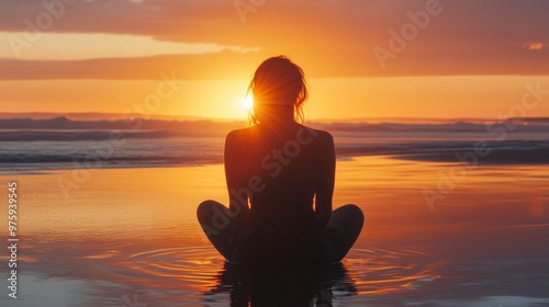 Woman Meditating on the Beach at Sunset With Calm Waves Reflecting Vibrant Colors