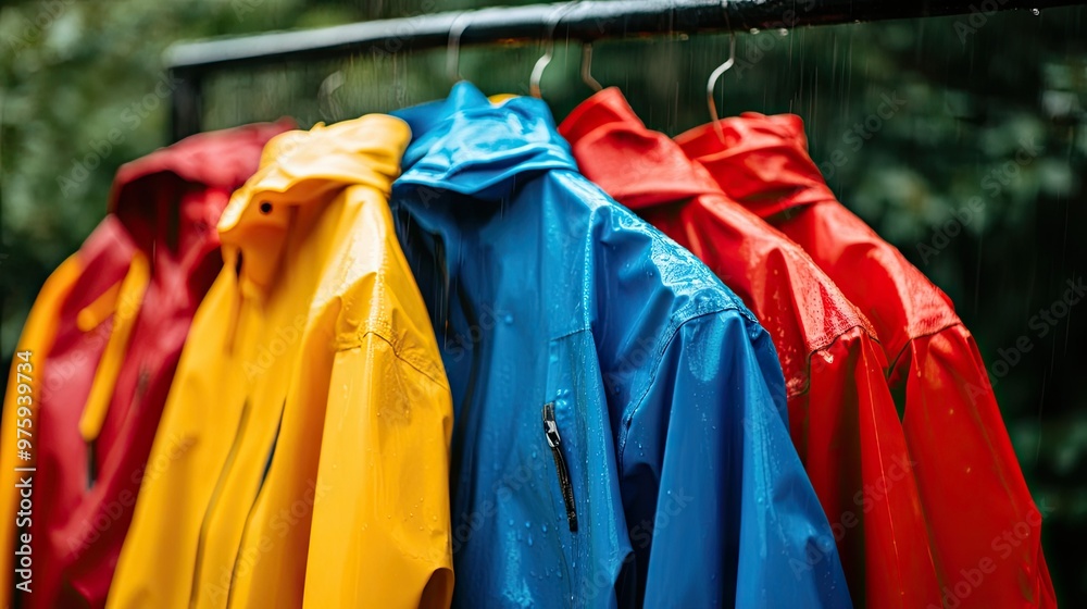 A row of colorful raincoats hanging outside, drenched from the rain. A row of colorful raincoats hanging outside, drenched from the rain.