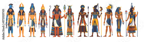 Egyptian ancient gods cartoon vector set. Pharaoh amun cleopatra ra osiris royalty princes classical mythology king queen sacred holy figures illustration isolated on white background
