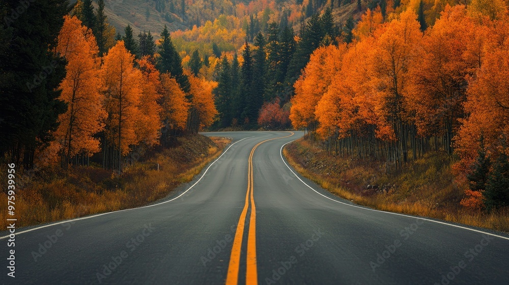 Fototapeta premium A scenic drive through the mountains with trees in full fall colors lining the road.