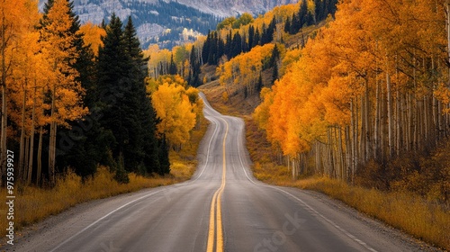 A scenic drive through the mountains with trees in full fall colors lining the road.