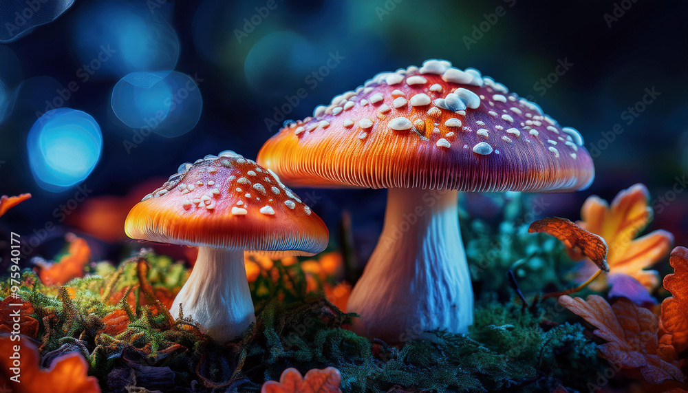 Fototapeta premium Magical forest scene with vibrant mushrooms