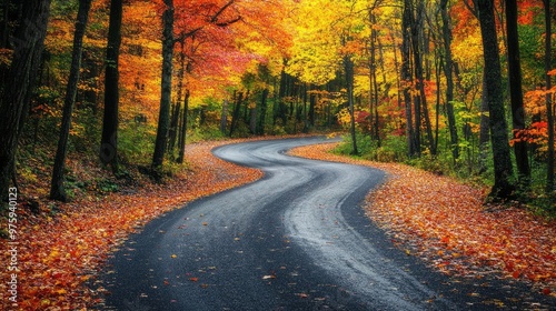 A scenic view of a winding road through a forest, with trees adorned in autumn colors and fallen leaves scattered on the ground.