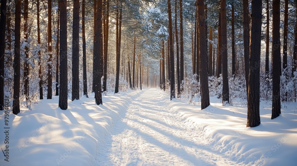 A snow-covered pathway winding through a winter forest, with tall trees casting shadows on the ground. A snow-covered pathway winding through a winter forest, with tall trees casting shadows on the ground.