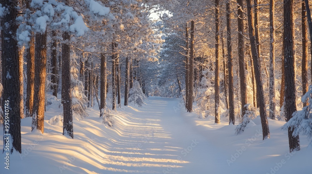 A snow-covered pathway winding through a winter forest, with tall trees casting shadows on the ground. A snow-covered pathway winding through a winter forest, with tall trees casting shadows on the ground.