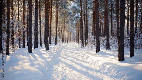 A snow-covered pathway winding through a winter forest, with tall trees casting shadows on the ground.