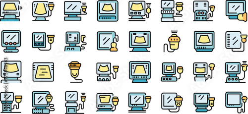 Ultrasound machine icons set showing medical scanners for pregnancy and internal organs diagnosis in color filled outline style