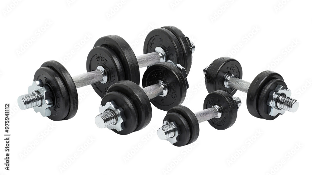 A set of dumbbells in various weights, isolated on a white background