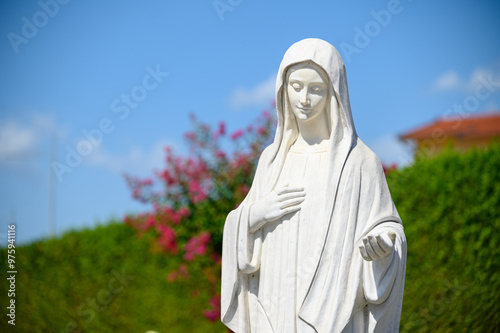 The statue of the Queen of Peace near the St James Church in Medjugorje, Bosnia and Herzegovina.