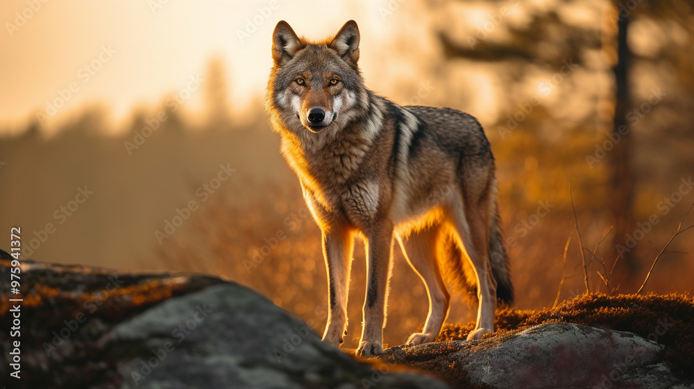 Majestic wolf standing on a rock, illuminated by the warm glow of the sunset. Majestic wolf standing on a rock, illuminated by the warm glow of the sunset.