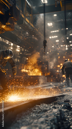 Factory worker cutting metal with bright sparks