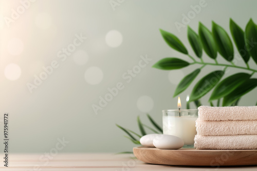 Relaxation is at the forefront in this spa-like arrangement, showcasing neatly rolled towels, a softly glowing candle, smooth stones, and lush green leaves, creating a serene environment