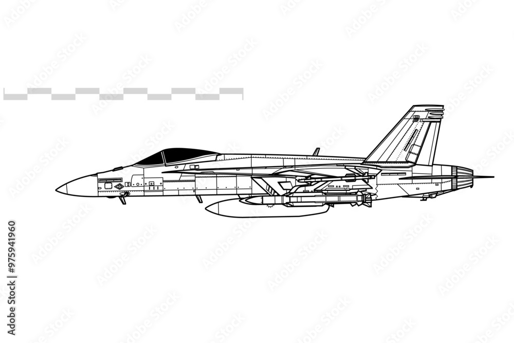 Boeing F-18E Super Hornet with AIM-174, SM-6 ERAM long range air to air missiles. Vector drawing of multirole fighter aircraft. Side view. Image for illustration and infographics. Boeing F-18E Super Hornet with AIM-174, SM-6 ERAM long range air to air missiles. Vector drawing of multirole fighter aircraft. Side view. Image for illustration and infographics.