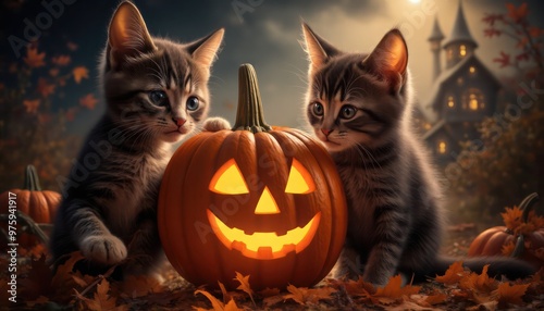 Halloween background cute tabby cat pumpkins spooky dark background