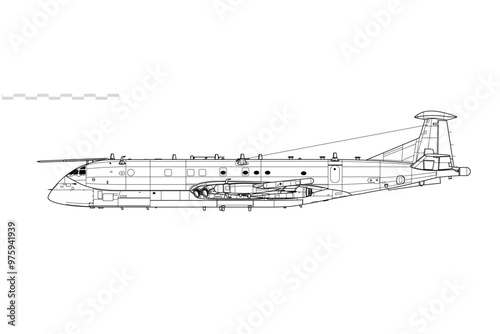 Hawker Siddeley Nimrod R1. Signals intelligence and reconnaissance aircraft. Side view. Image for illustration and infographics.