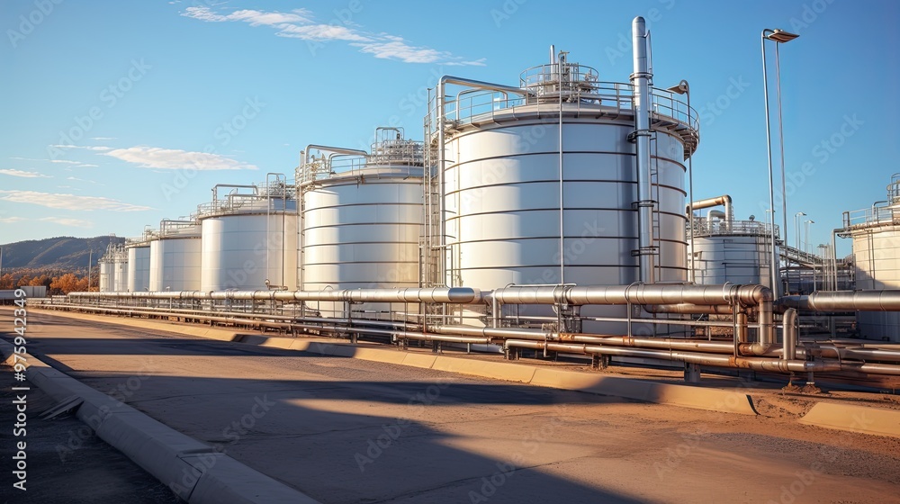 Obraz premium Row of storage tanks under blue sky