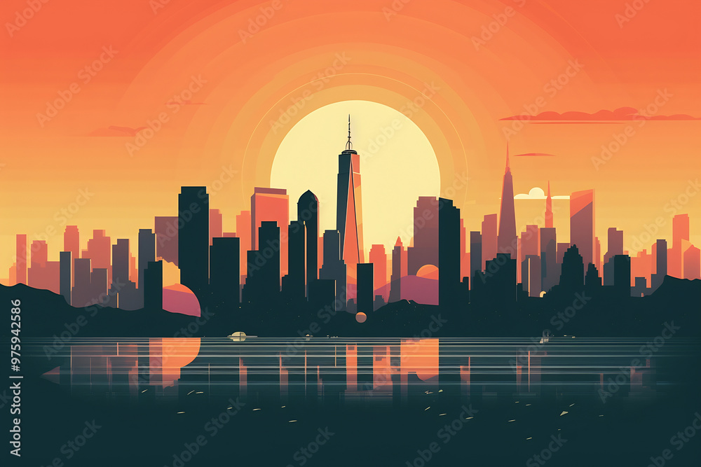 Fototapeta premium New York urban landscape with cityscape silhouette. Pattern with houses. Illustration