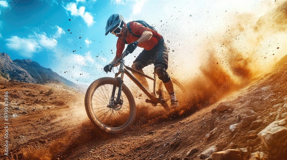 Naklejka premium Bicyclist racing down a mountain trail, with dirt and dust flying in the air