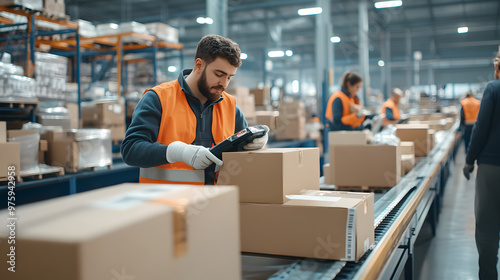Warehouse worker in orange vest checking logistics