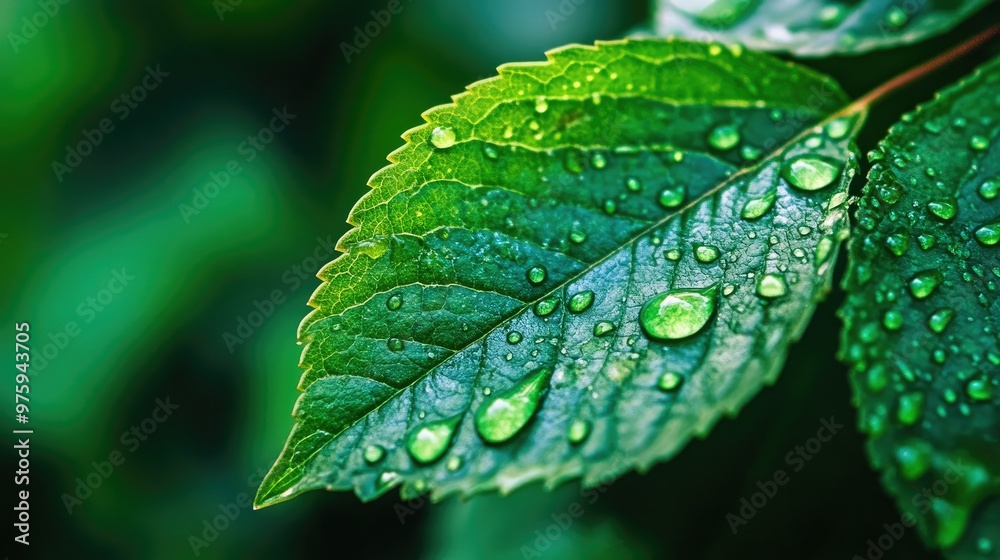Close-up of raindrops on a green leaf, with water droplets clinging to the edges. Close-up of raindrops on a green leaf, with water droplets clinging to the edges.