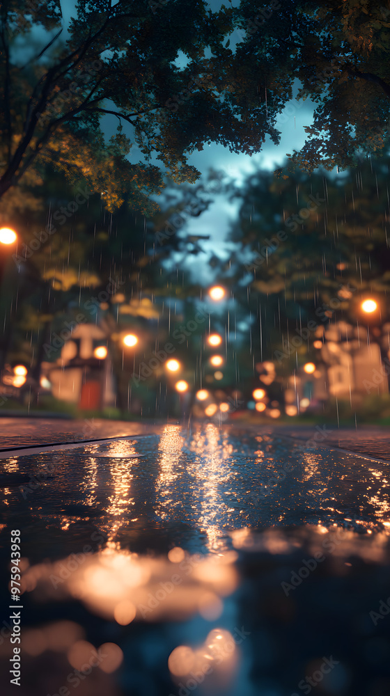 Rainy street with glowing lampposts and trees at night Rainy street with glowing lampposts and trees at night
