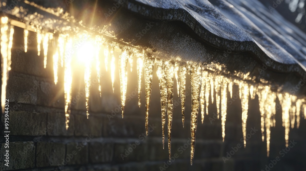 Obraz premium Icicles hanging from the edge of a roof, with the sunlight glistening on the frozen water.