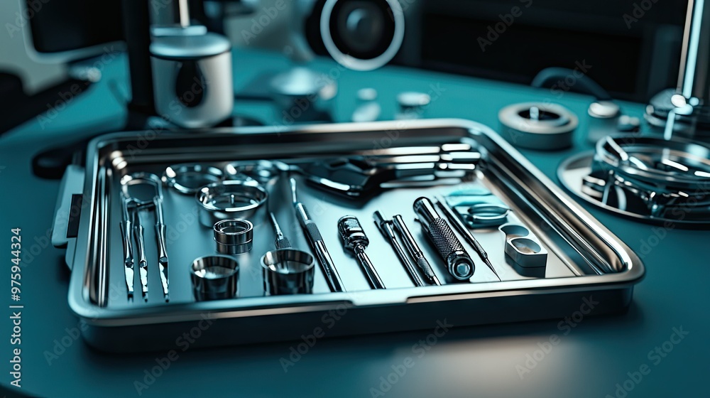 Fototapeta premium Medical instruments laid out on a tray, ready for a cataract surgery procedure in a sterile environment.