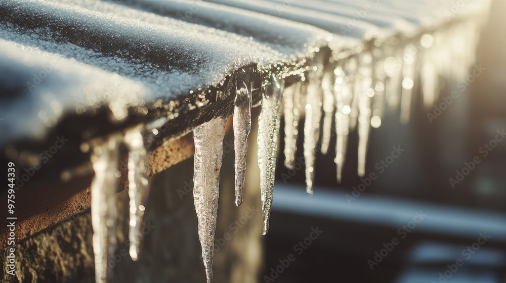 Icicles hanging from the edge of a roof, with the sunlight glistening on the frozen water.