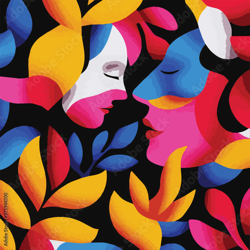 Vibrant artwork captures essence of love and connection through abstract faces and colorful foliage, blending emotion and nature in harmonious display of artistry